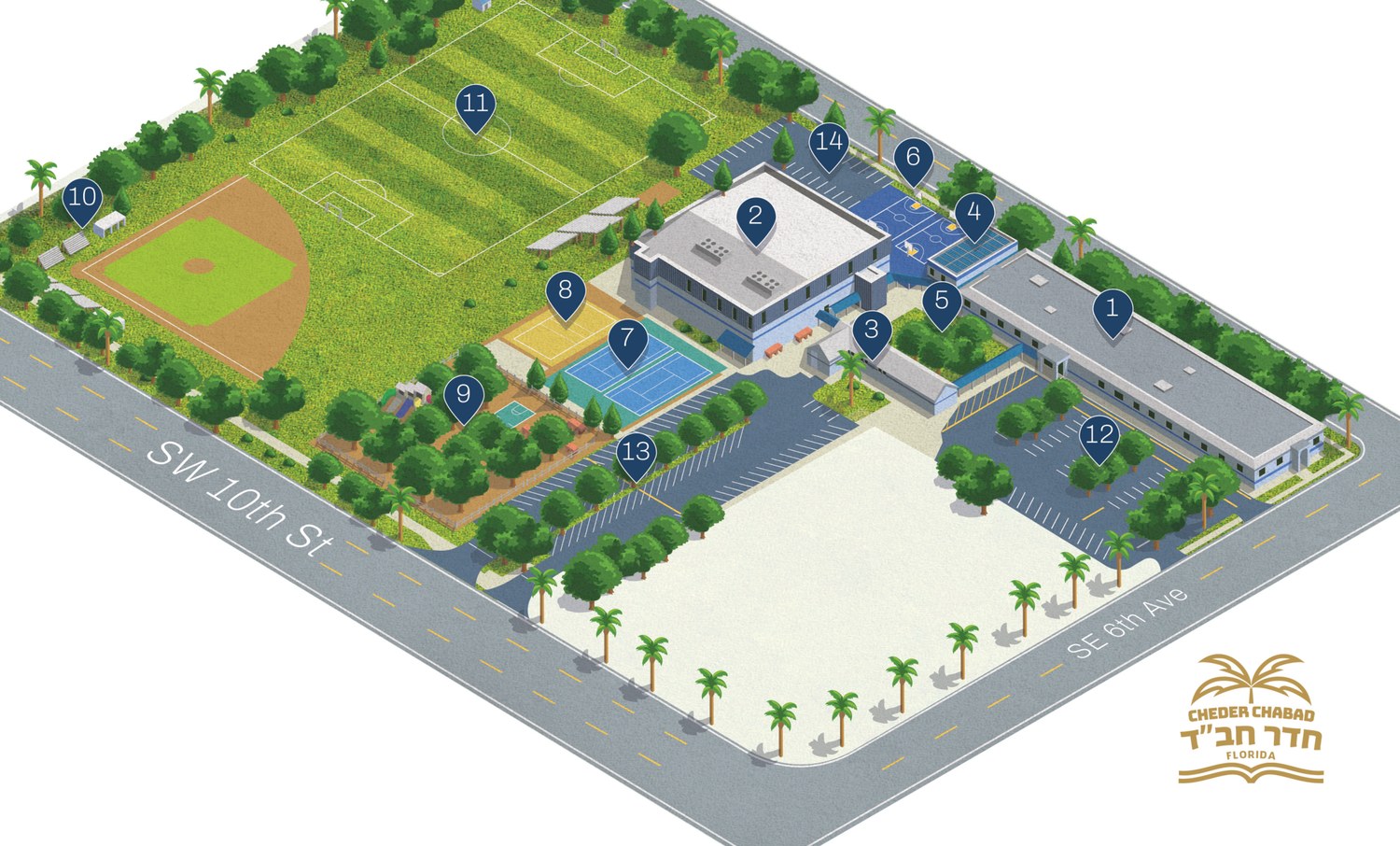 Campus site plan with numbered facilities